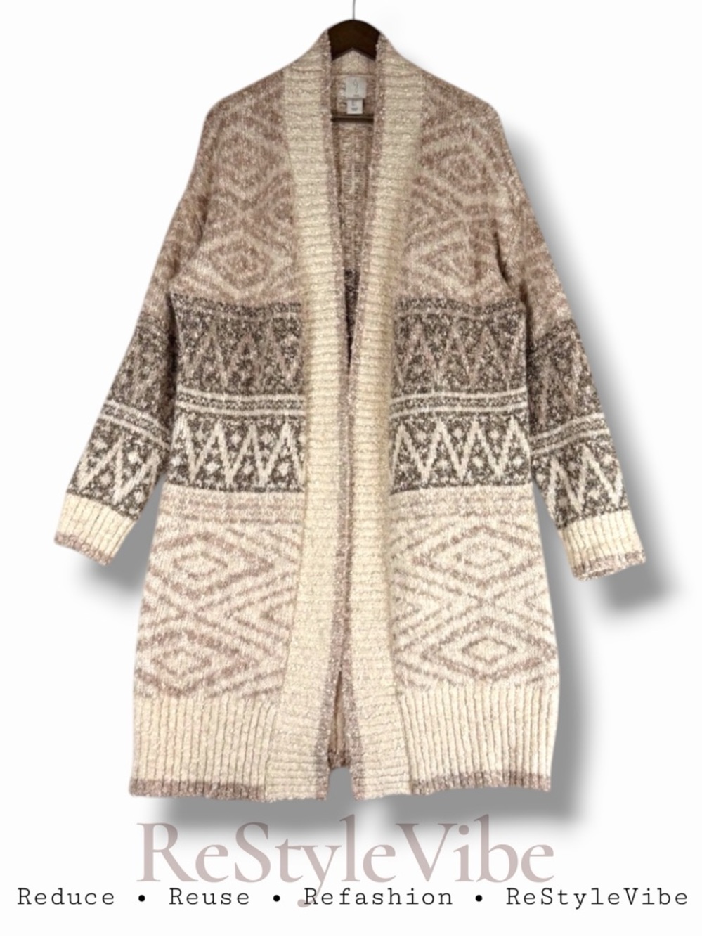 JOIE Women’s Size L Sweater Cardigan Open Front Aztec Western Wool Blend Duster